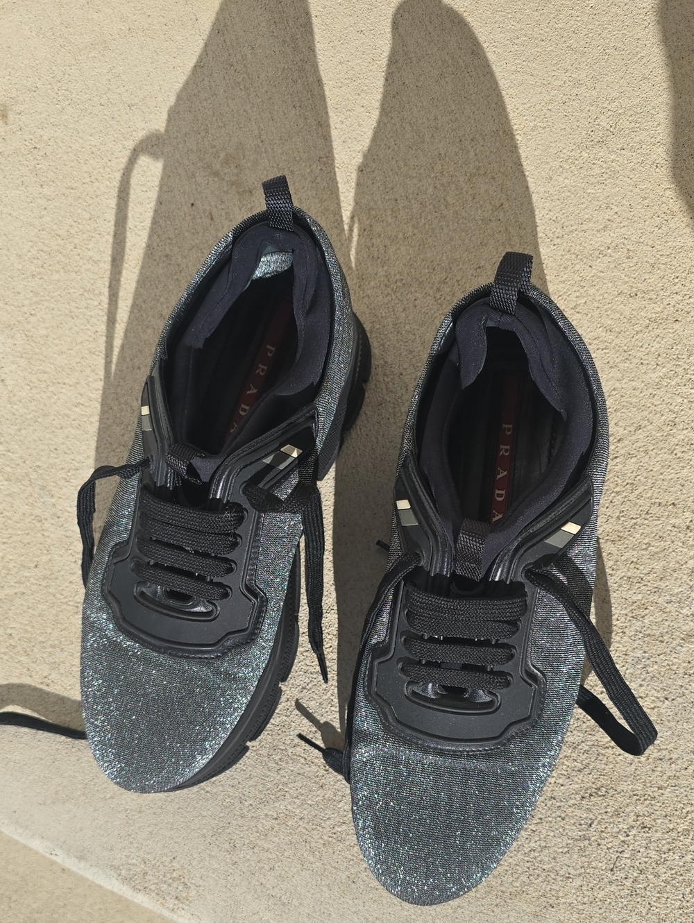 Prada Women’s Black Glitter Sneakers with Silver Sparkle